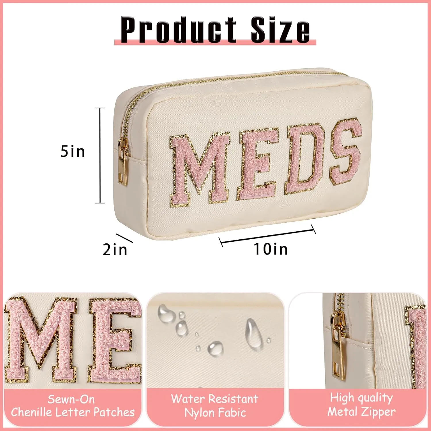 Chenille Letter Patch Nylon Medicine Packages,Cute MEDS Travel Makeup Bag with Metal Zipper, First Aid Purse Organizer Cosmetic Bag for Women and Girls(04Beige-Pink)