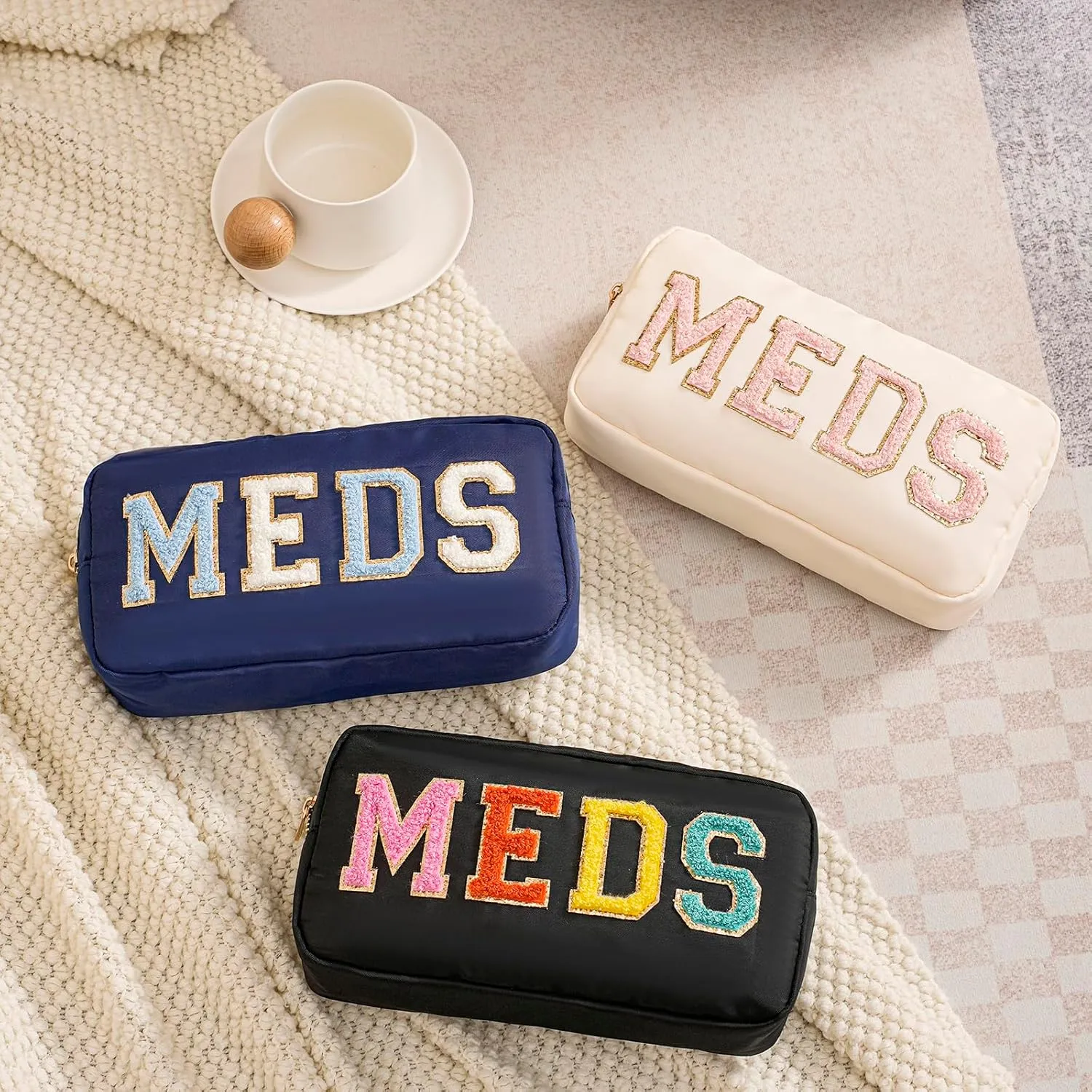 Chenille Letter Patch Nylon Medicine Packages,Cute MEDS Travel Makeup Bag with Metal Zipper, First Aid Purse Organizer Cosmetic Bag for Women and Girls(04Beige-Pink)