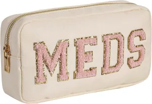 Chenille Letter Patch Nylon Medicine Packages,Cute MEDS Travel Makeup Bag with Metal Zipper, First Aid Purse Organizer Cosmetic Bag for Women and Girls(04Beige-Pink)