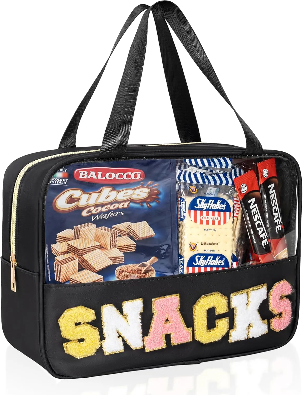 Chenille Letter Snacks Bag Zipper Pouch TPU&Nylon Clear Cosmetic Bag with Handle Toiletry Bags Travel Makeup Bag Multi-purpose Clear Pouches For Women (SNACKS, Black)