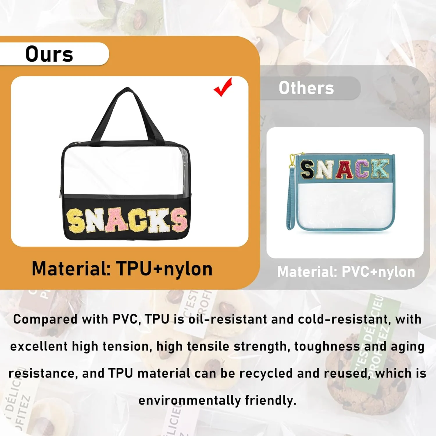Chenille Letter Snacks Bag Zipper Pouch TPU&Nylon Clear Cosmetic Bag with Handle Toiletry Bags Travel Makeup Bag Multi-purpose Clear Pouches For Women (SNACKS, Black)