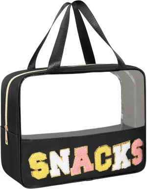Chenille Letter Snacks Bag Zipper Pouch TPU&Nylon Clear Cosmetic Bag with Handle Toiletry Bags Travel Makeup Bag Multi-purpose Clear Pouches For Women (SNACKS, Black)