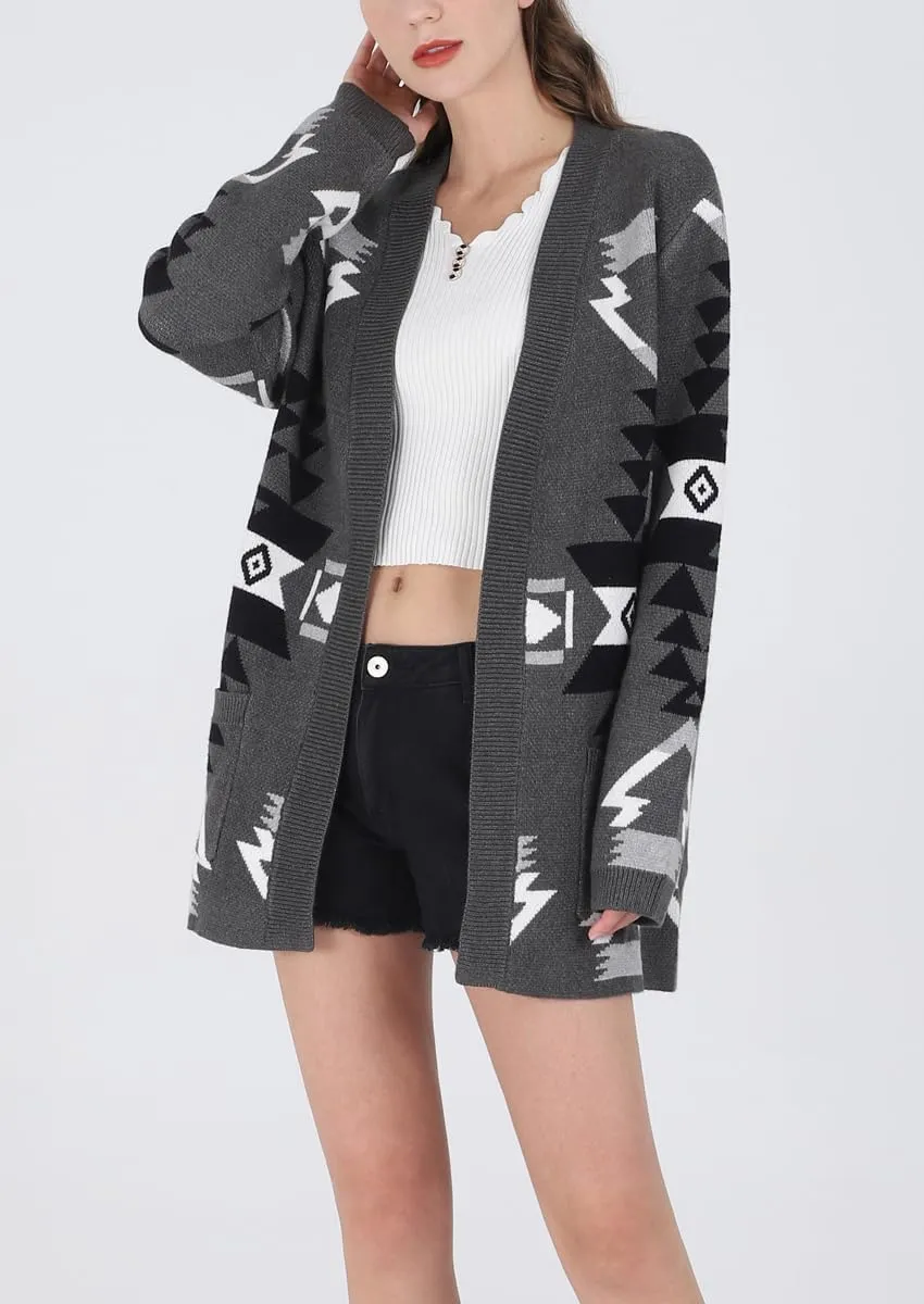 chouyatou Women's Tribal Aztec Print Sweater Open Front Knitted Jacquard Cardigan Sweater