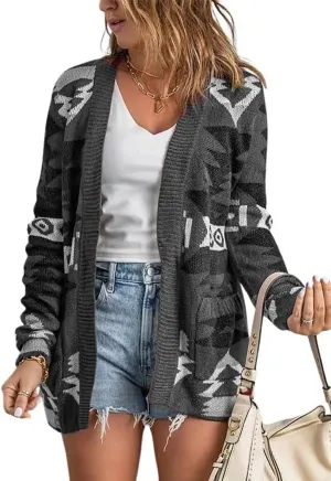 chouyatou Women's Tribal Aztec Print Sweater Open Front Knitted Jacquard Cardigan Sweater