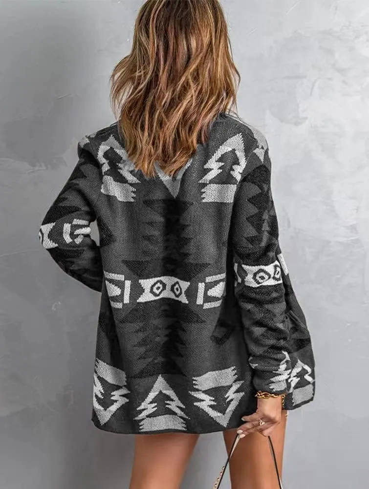 chouyatou Women's Tribal Aztec Print Sweater Open Front Knitted Jacquard Cardigan Sweater