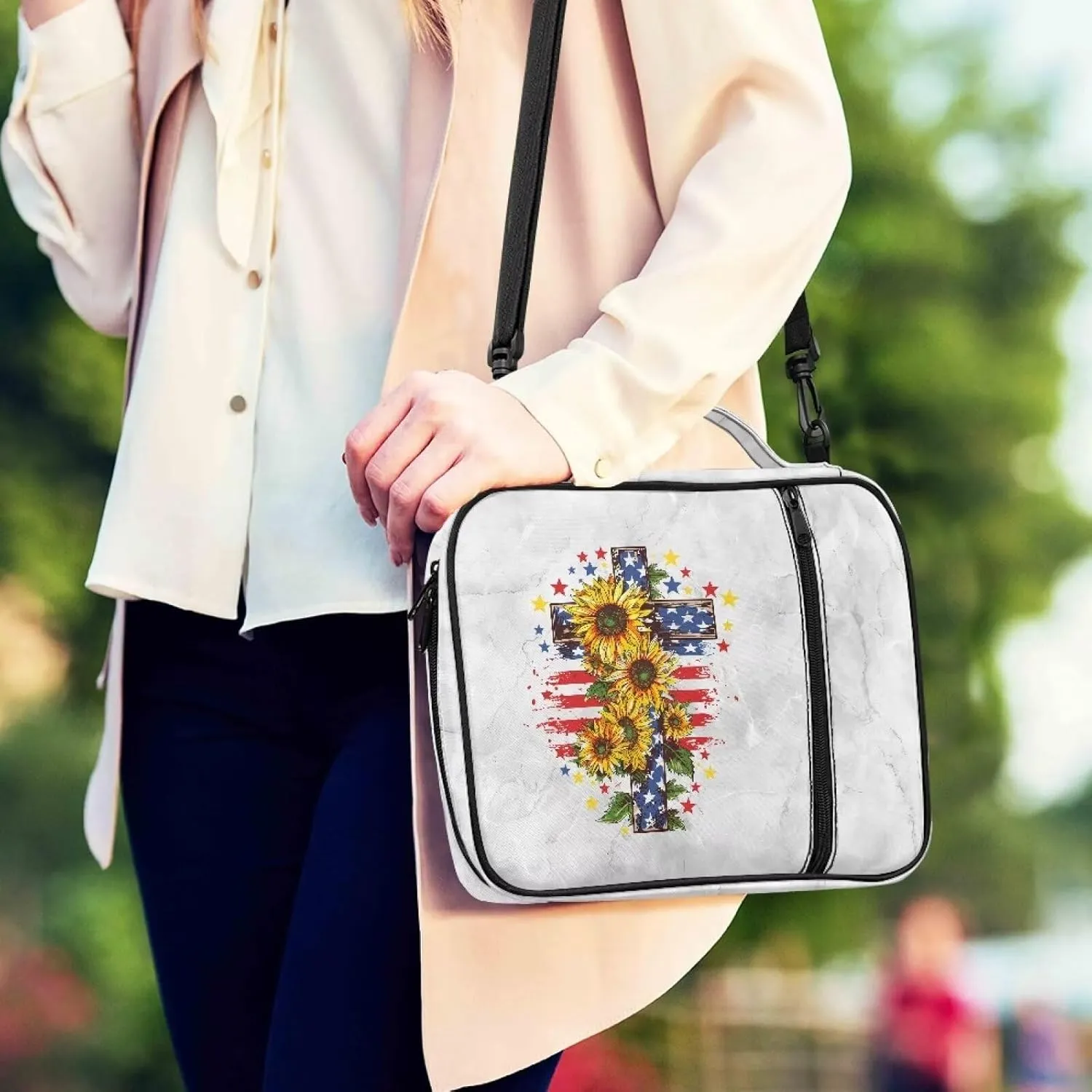 Christian Cross Floral Bible Cover-Polyester Bible Case for Women-Bible Bag Bible Carrier with Shoulder Strap Handle