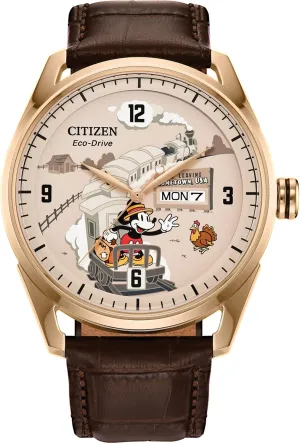 Citizen Men's Eco-Drive Hometown Mickey Mouse, Brown Leather Strap, Gold-Tone Stainless Steel Case Watch (Model: AW0088-04W)