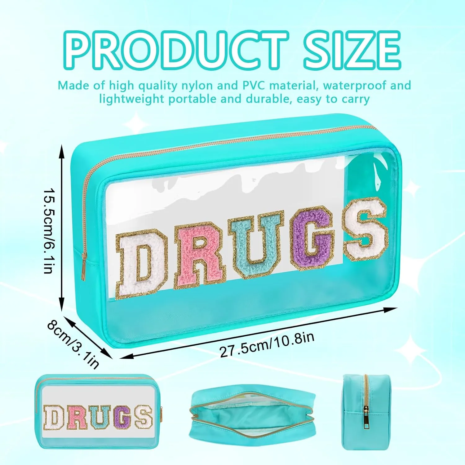 Clear Letter Patch Medicine Bag Drugs Pouch with Zipper, Travel Portable Cosmetic Makeup Bag for Women Girls, Waterproof Nylon PVC Toiletry Meds Storage Case Chenille Letter Stadium Bag(Green, DRUGS)