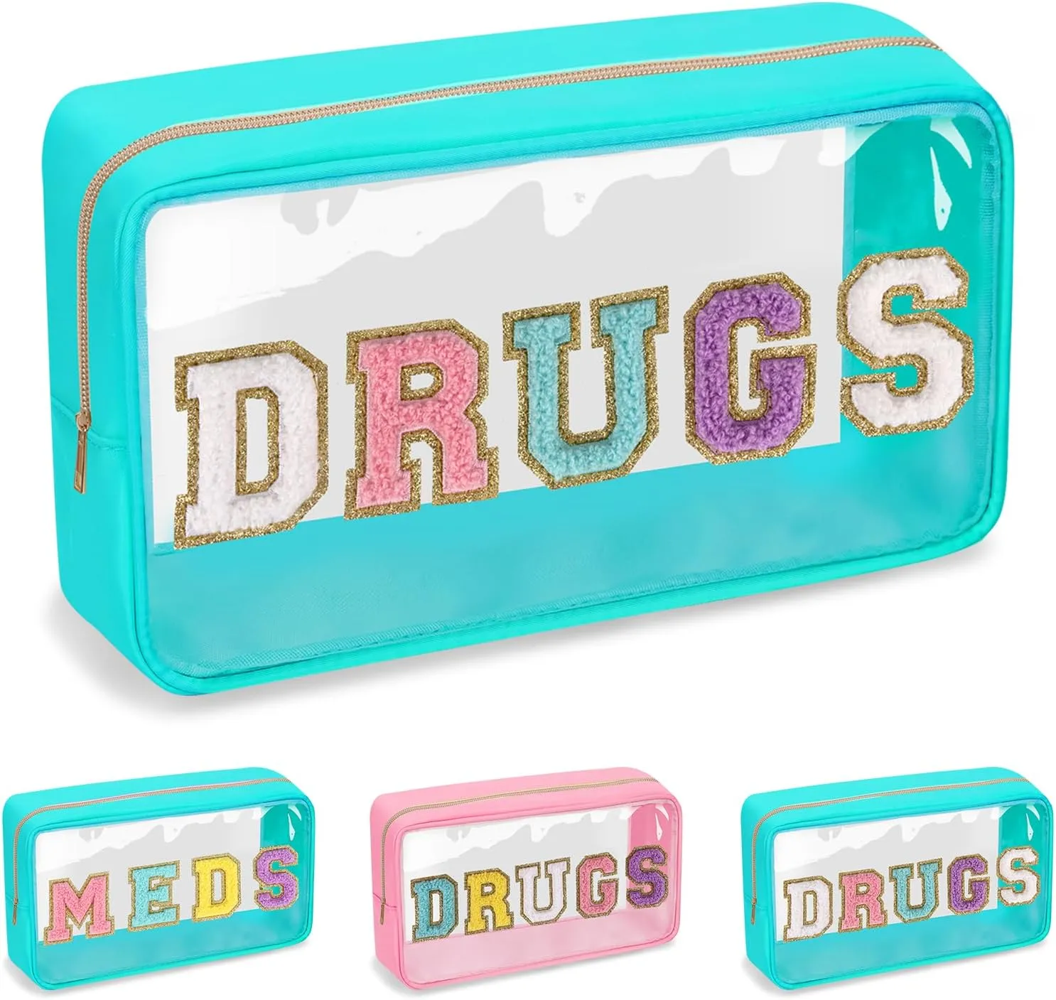 Clear Letter Patch Medicine Bag Drugs Pouch with Zipper, Travel Portable Cosmetic Makeup Bag for Women Girls, Waterproof Nylon PVC Toiletry Meds Storage Case Chenille Letter Stadium Bag(Green, DRUGS)