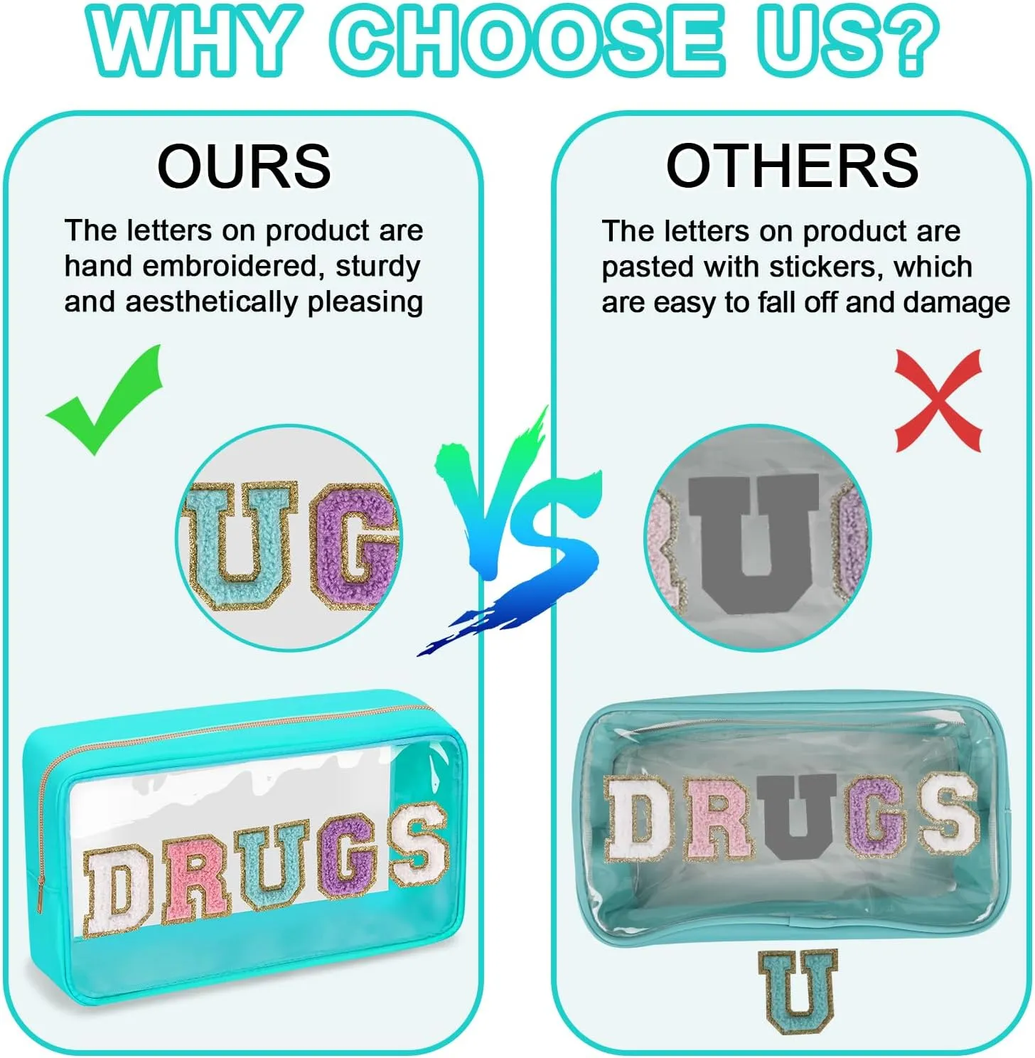 Clear Letter Patch Medicine Bag Drugs Pouch with Zipper, Travel Portable Cosmetic Makeup Bag for Women Girls, Waterproof Nylon PVC Toiletry Meds Storage Case Chenille Letter Stadium Bag(Green, DRUGS)
