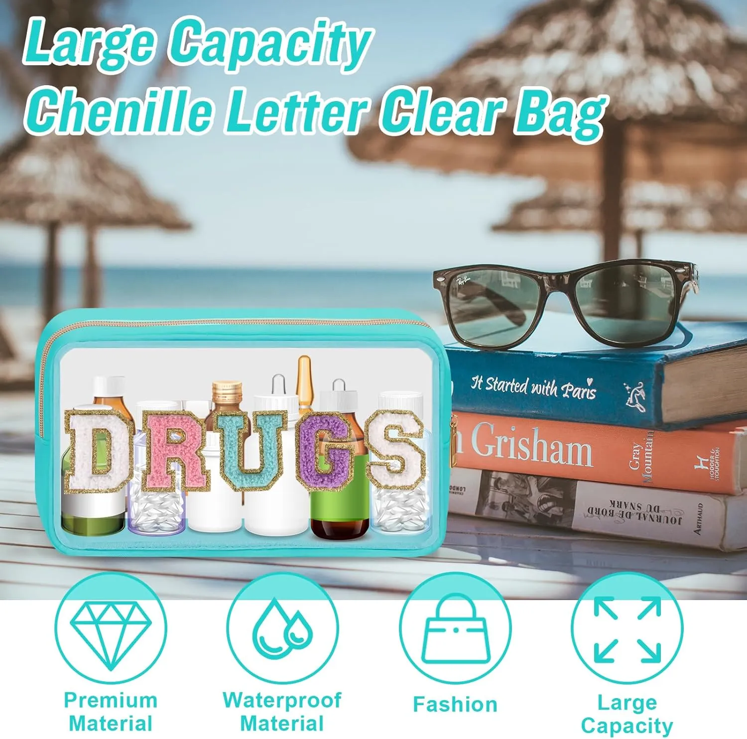 Clear Letter Patch Medicine Bag Drugs Pouch with Zipper, Travel Portable Cosmetic Makeup Bag for Women Girls, Waterproof Nylon PVC Toiletry Meds Storage Case Chenille Letter Stadium Bag(Green, DRUGS)
