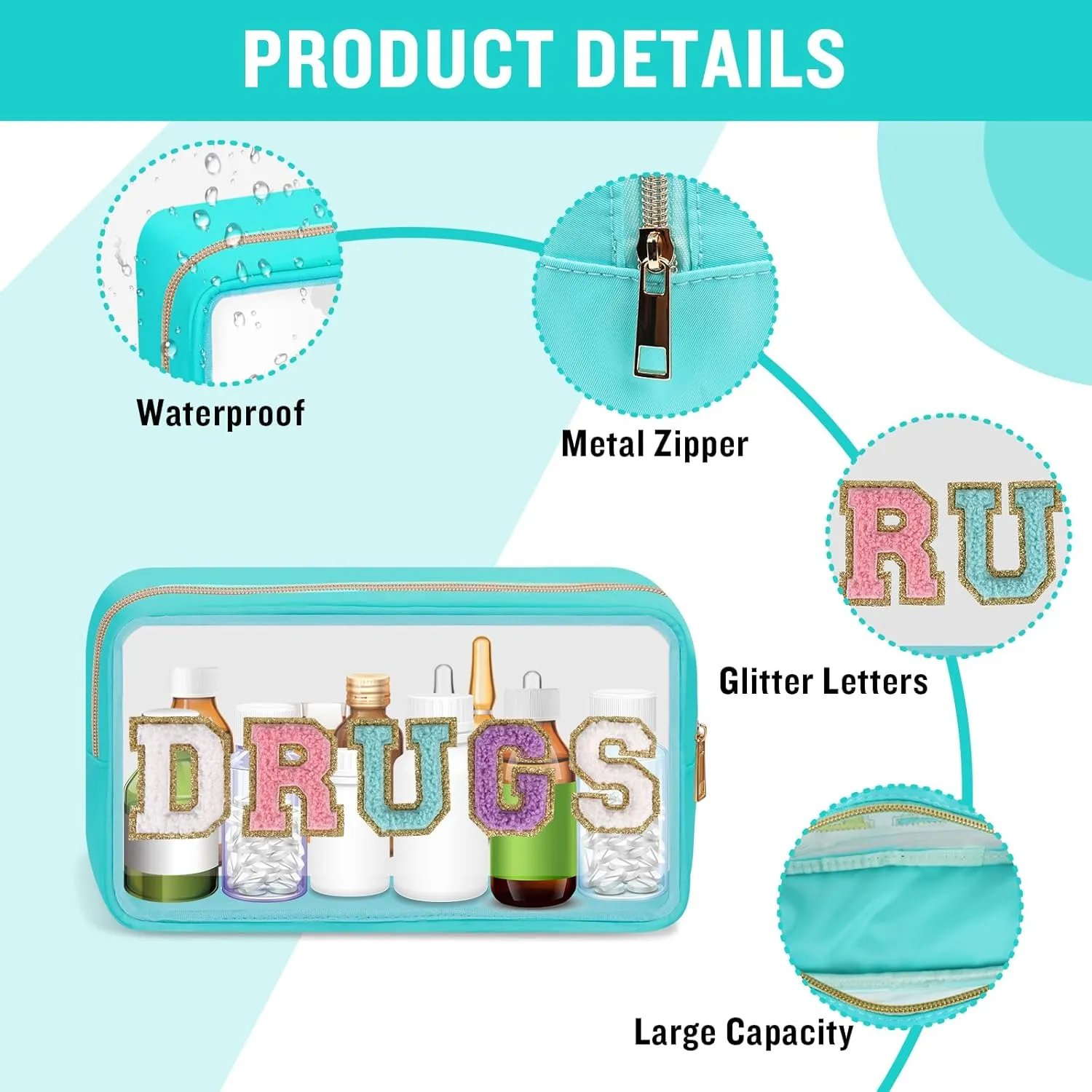 Clear Letter Patch Medicine Bag Drugs Pouch with Zipper, Travel Portable Cosmetic Makeup Bag for Women Girls, Waterproof Nylon PVC Toiletry Meds Storage Case Chenille Letter Stadium Bag(Green, DRUGS)