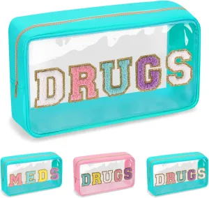 Clear Letter Patch Medicine Bag Drugs Pouch with Zipper, Travel Portable Cosmetic Makeup Bag for Women Girls, Waterproof Nylon PVC Toiletry Meds Storage Case Chenille Letter Stadium Bag(Green, DRUGS)
