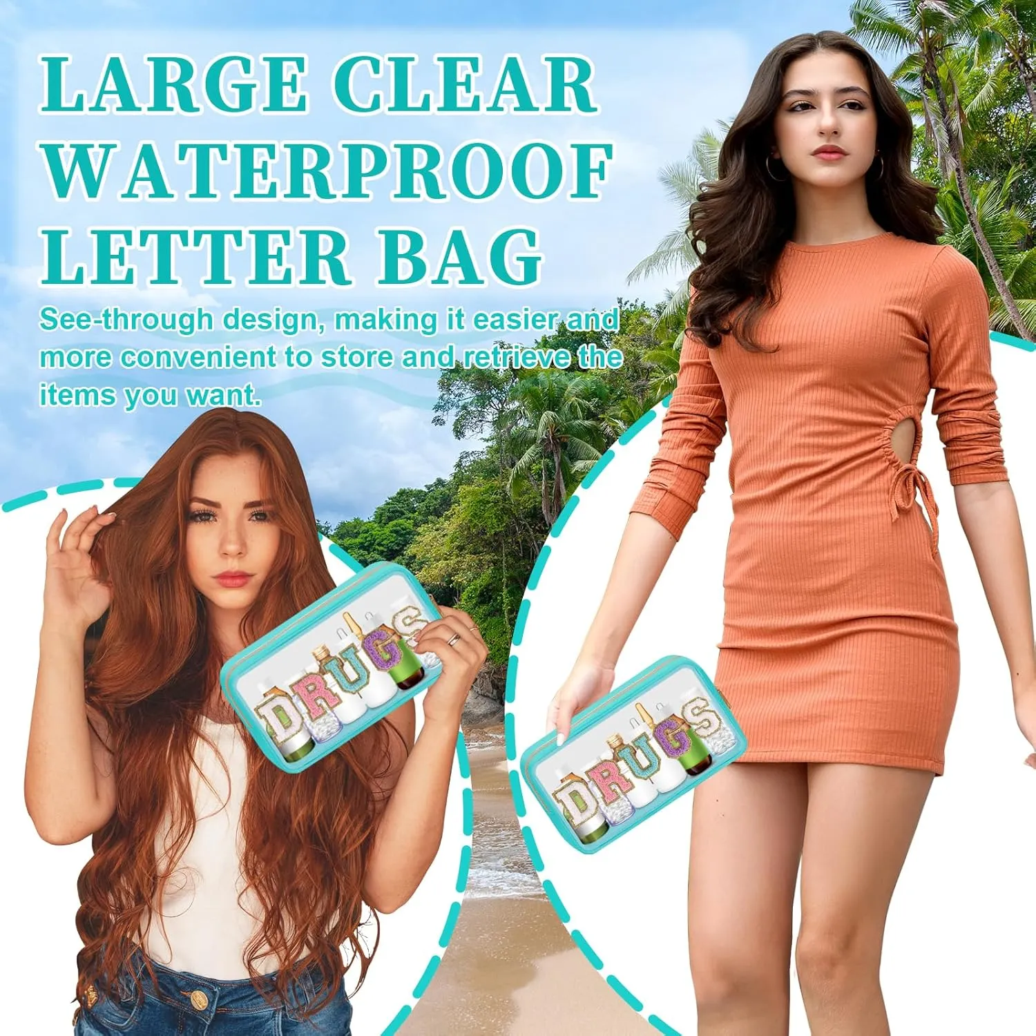 Clear Letter Patch Medicine Bag Drugs Pouch with Zipper, Travel Portable Cosmetic Makeup Bag for Women Girls, Waterproof Nylon PVC Toiletry Meds Storage Case Chenille Letter Stadium Bag(Green, DRUGS)