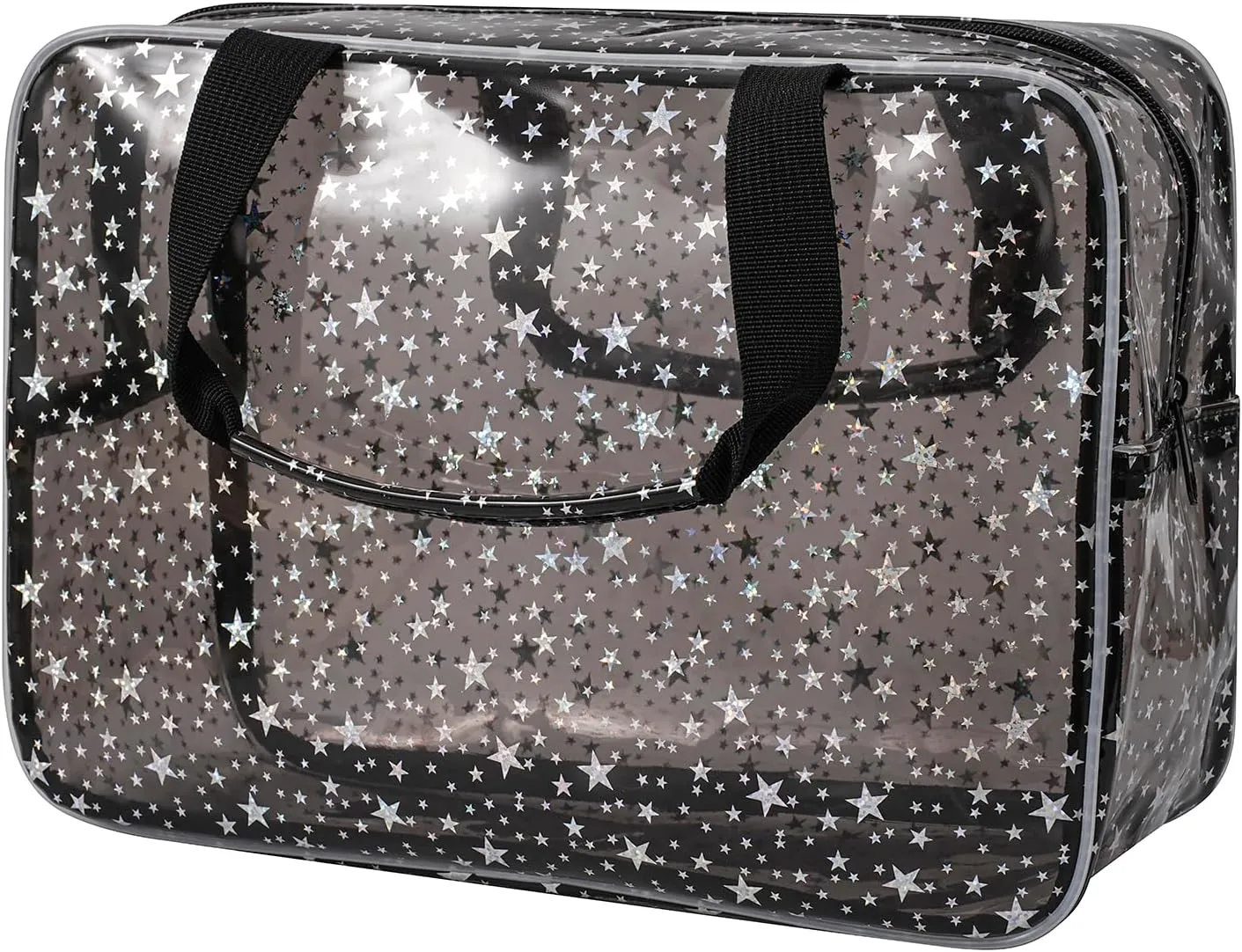Clear PVC Star Large Cosmetic Bag, Transparent Large Zippered Opening Makeup Bag, Portable Waterproof Travel Bag with Handle, Gym, Swimming and Beach Bag (02Black)