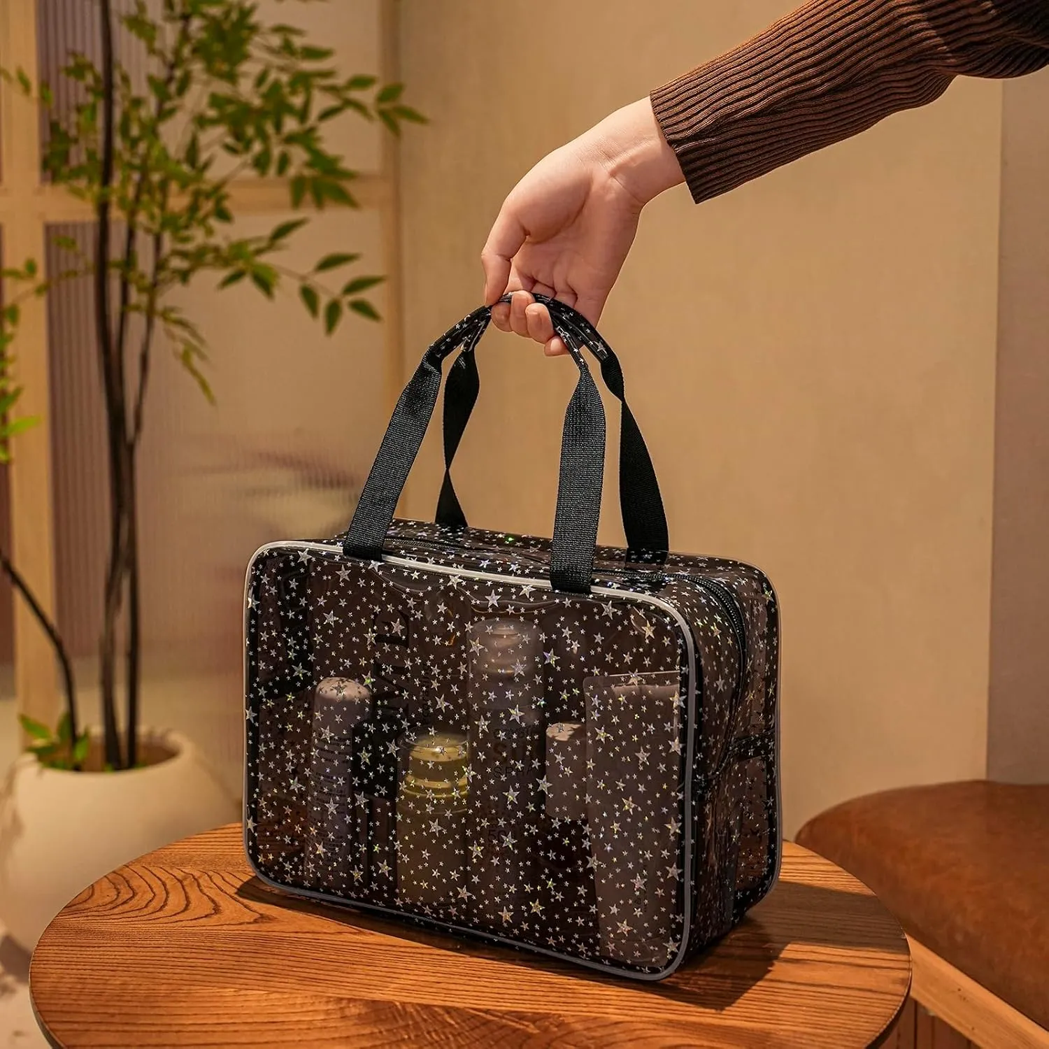 Clear PVC Star Large Cosmetic Bag, Transparent Large Zippered Opening Makeup Bag, Portable Waterproof Travel Bag with Handle, Gym, Swimming and Beach Bag (02Black)