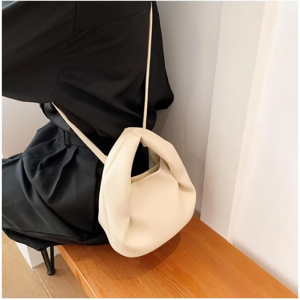 Cloud Small Handbag PU Leather Single Shoulder Crossbody Bag and Folds Design Purse for Women (White)