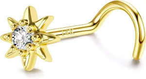 COCHARM 14K Yellow Gold Nose Stud 20g 14K Real Gold Nose Ring Stud Star Nose Bone Nose Piercing 14kt Solid Gold Nose Piercing Jewelry for Women Men 7mm Long