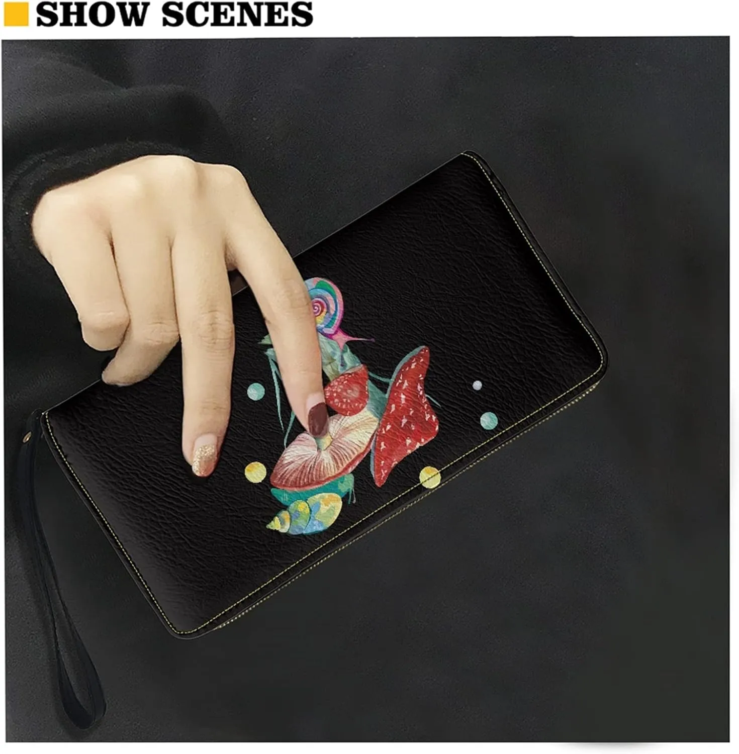 Coldinair Mushroom Snails Pattern Women Wallet Faux Leather Zip Around Phone Clutch RFID Blocking Travel Purse Wristlet