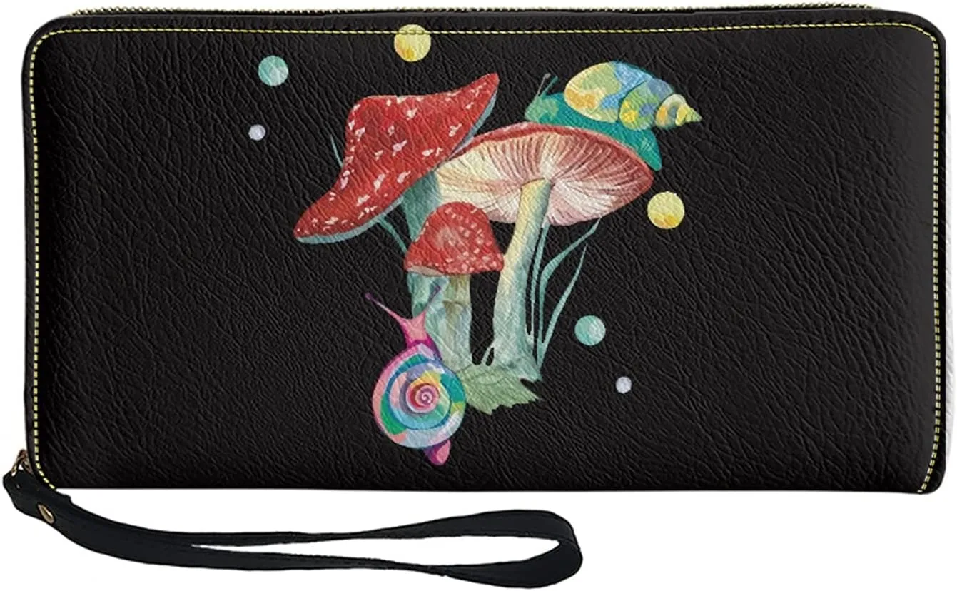 Coldinair Mushroom Snails Pattern Women Wallet Faux Leather Zip Around Phone Clutch RFID Blocking Travel Purse Wristlet