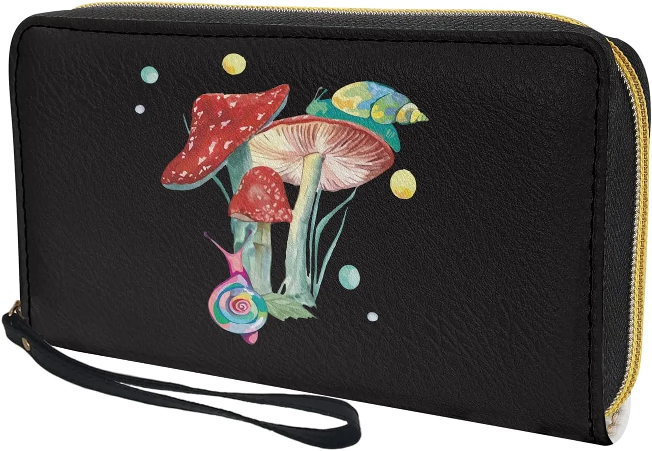Coldinair Mushroom Snails Pattern Women Wallet Faux Leather Zip Around Phone Clutch RFID Blocking Travel Purse Wristlet
