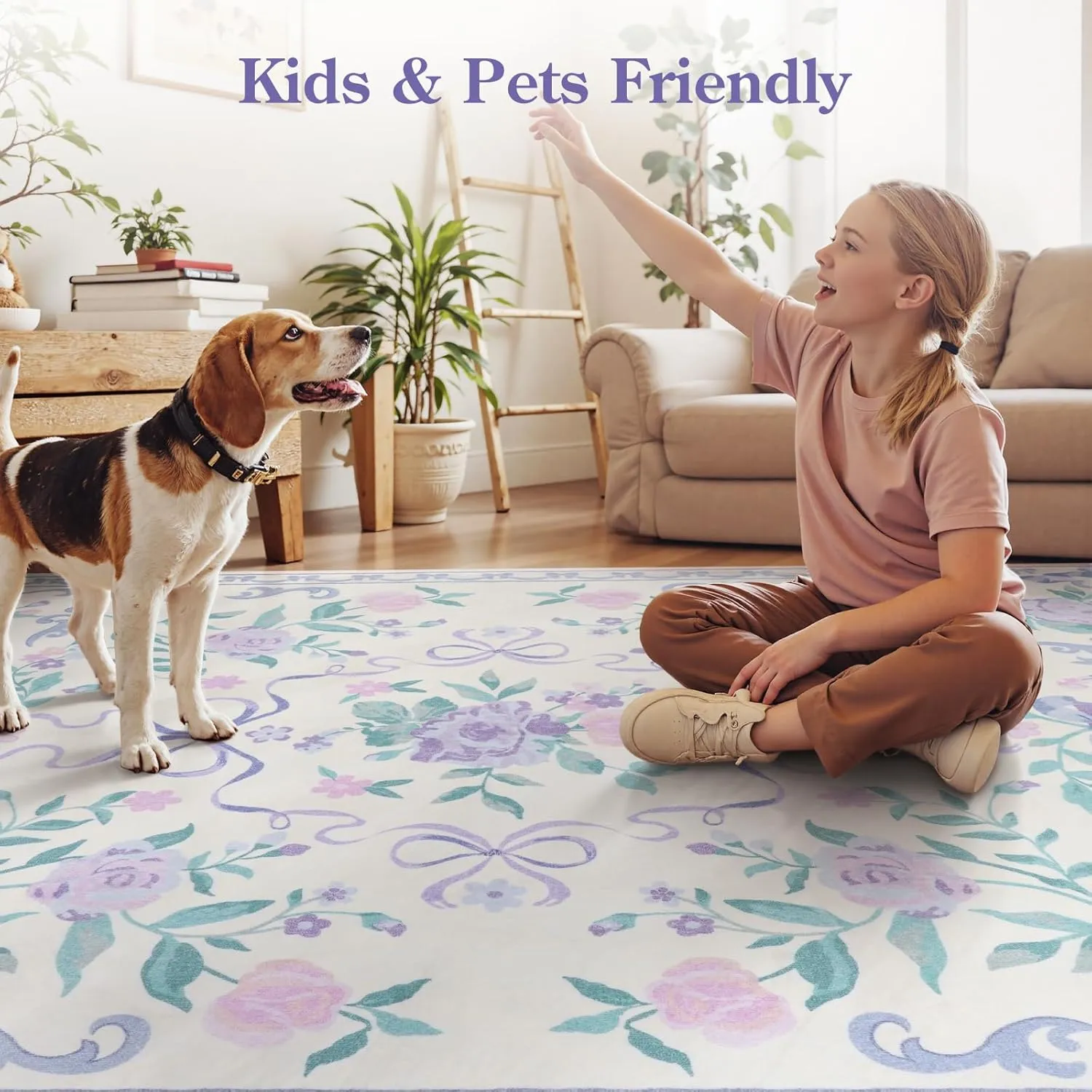 Collive Purple Floral Rugs for Girls, 5x7 Washable Bow Area Rug for Living Room, Cute Ultra-Thin Non Slip Indoor Decor Carpet for Nursery Kids Room Bedroom Playroom (Purple 5' x 7')