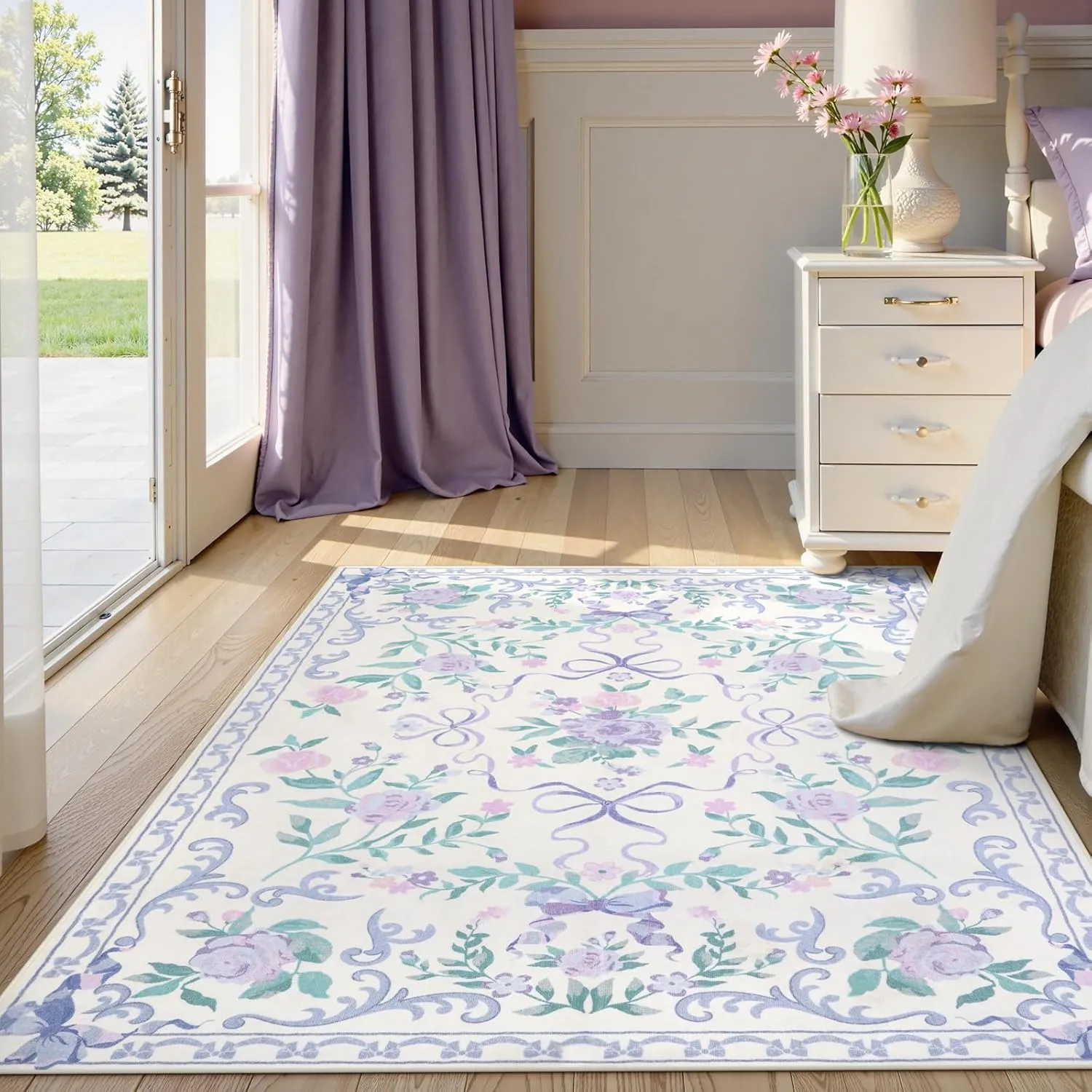 Collive Purple Floral Rugs for Girls, 5x7 Washable Bow Area Rug for Living Room, Cute Ultra-Thin Non Slip Indoor Decor Carpet for Nursery Kids Room Bedroom Playroom (Purple 5' x 7')