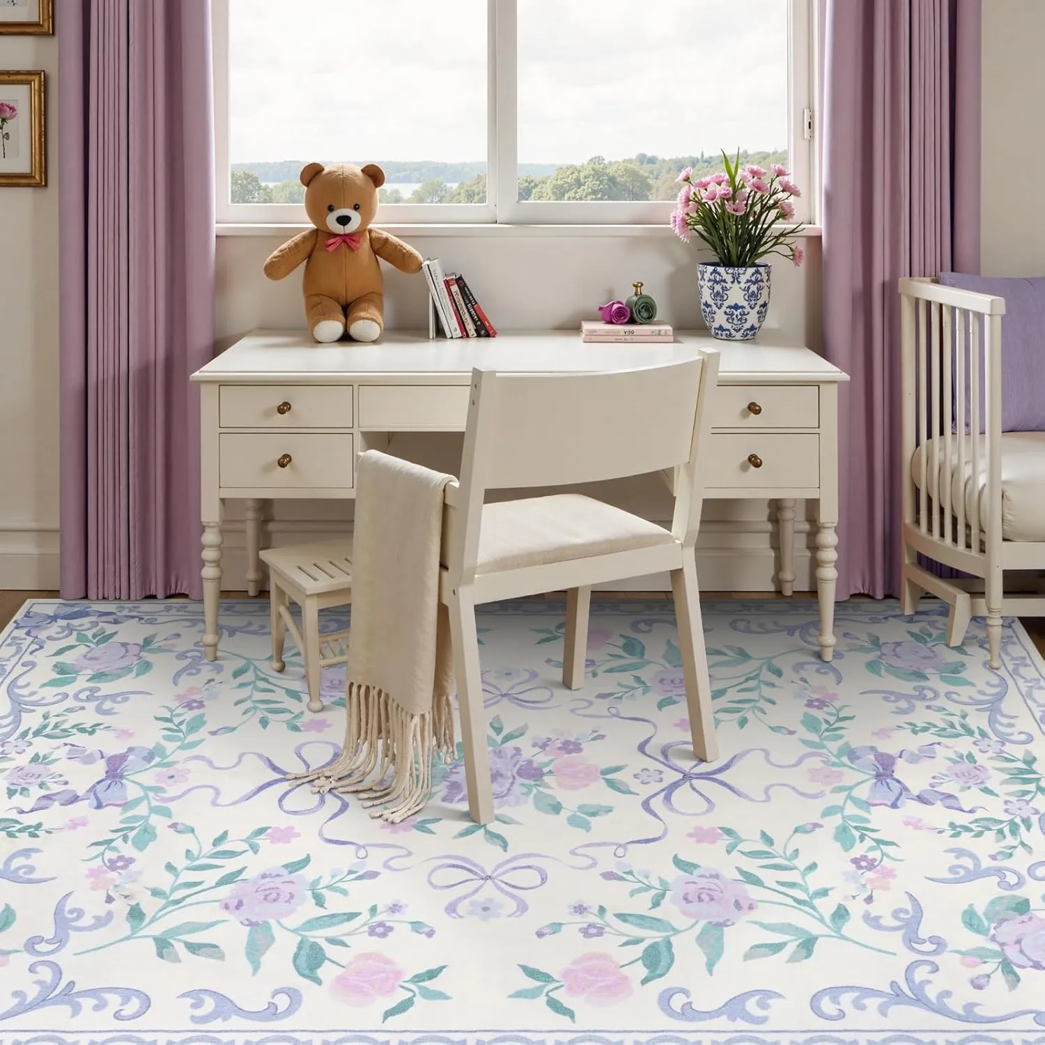 Collive Purple Floral Rugs for Girls, 5x7 Washable Bow Area Rug for Living Room, Cute Ultra-Thin Non Slip Indoor Decor Carpet for Nursery Kids Room Bedroom Playroom (Purple 5' x 7')