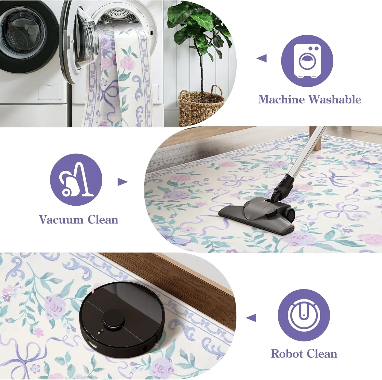 Collive Purple Floral Rugs for Girls, 5x7 Washable Bow Area Rug for Living Room, Cute Ultra-Thin Non Slip Indoor Decor Carpet for Nursery Kids Room Bedroom Playroom (Purple 5' x 7')