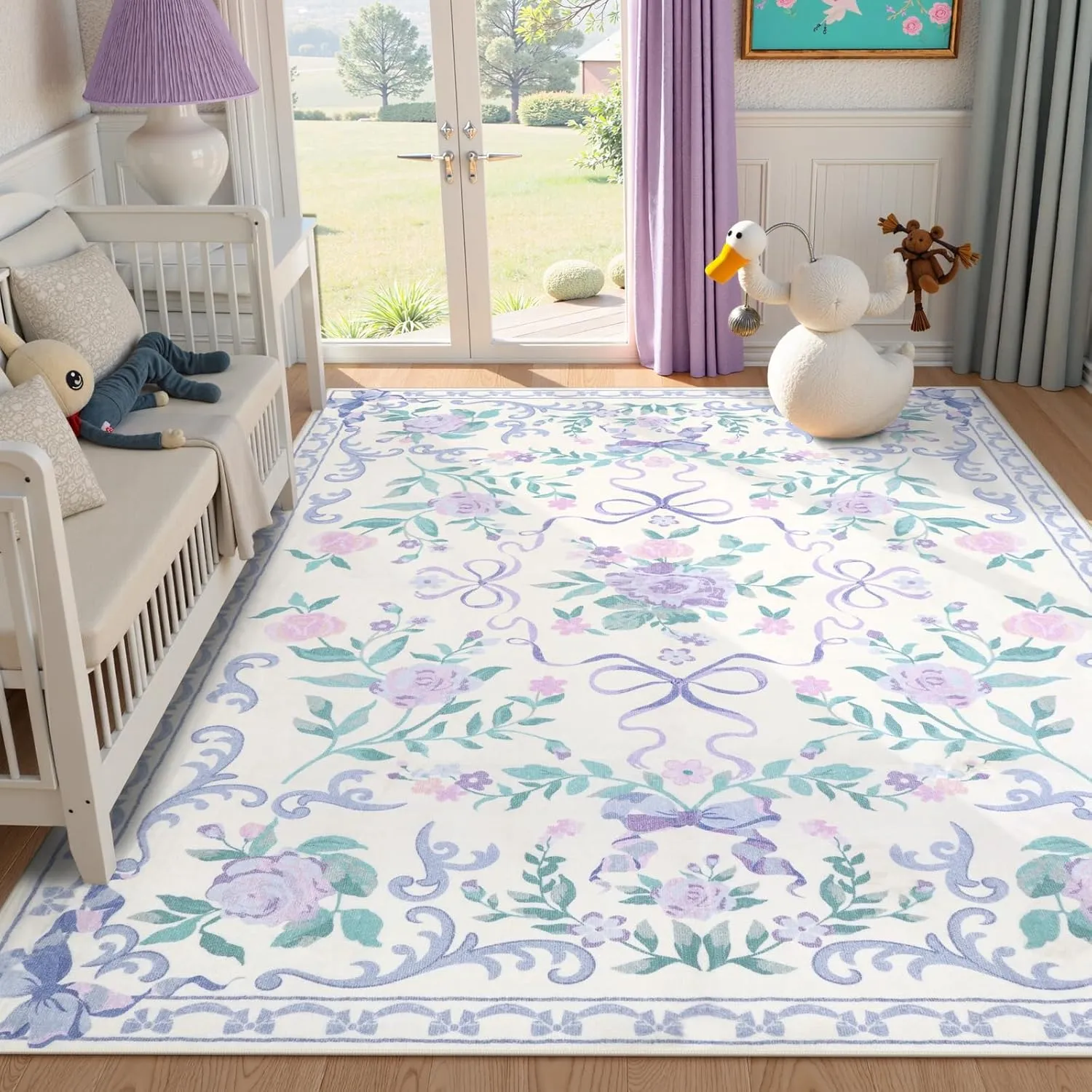 Collive Purple Floral Rugs for Girls, 5x7 Washable Bow Area Rug for Living Room, Cute Ultra-Thin Non Slip Indoor Decor Carpet for Nursery Kids Room Bedroom Playroom (Purple 5' x 7')