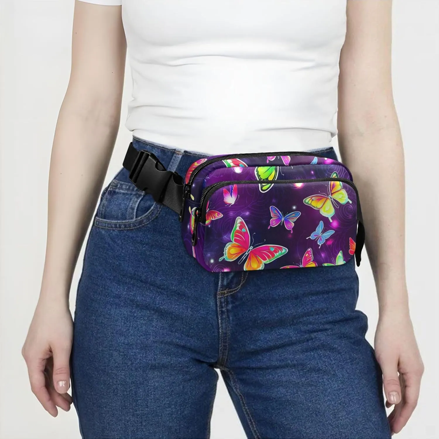 Colorful Butterflies Purple Fanny Pack for Women Waterproof Hip Bag Belt Pouch Cute Travel Waist Pouch