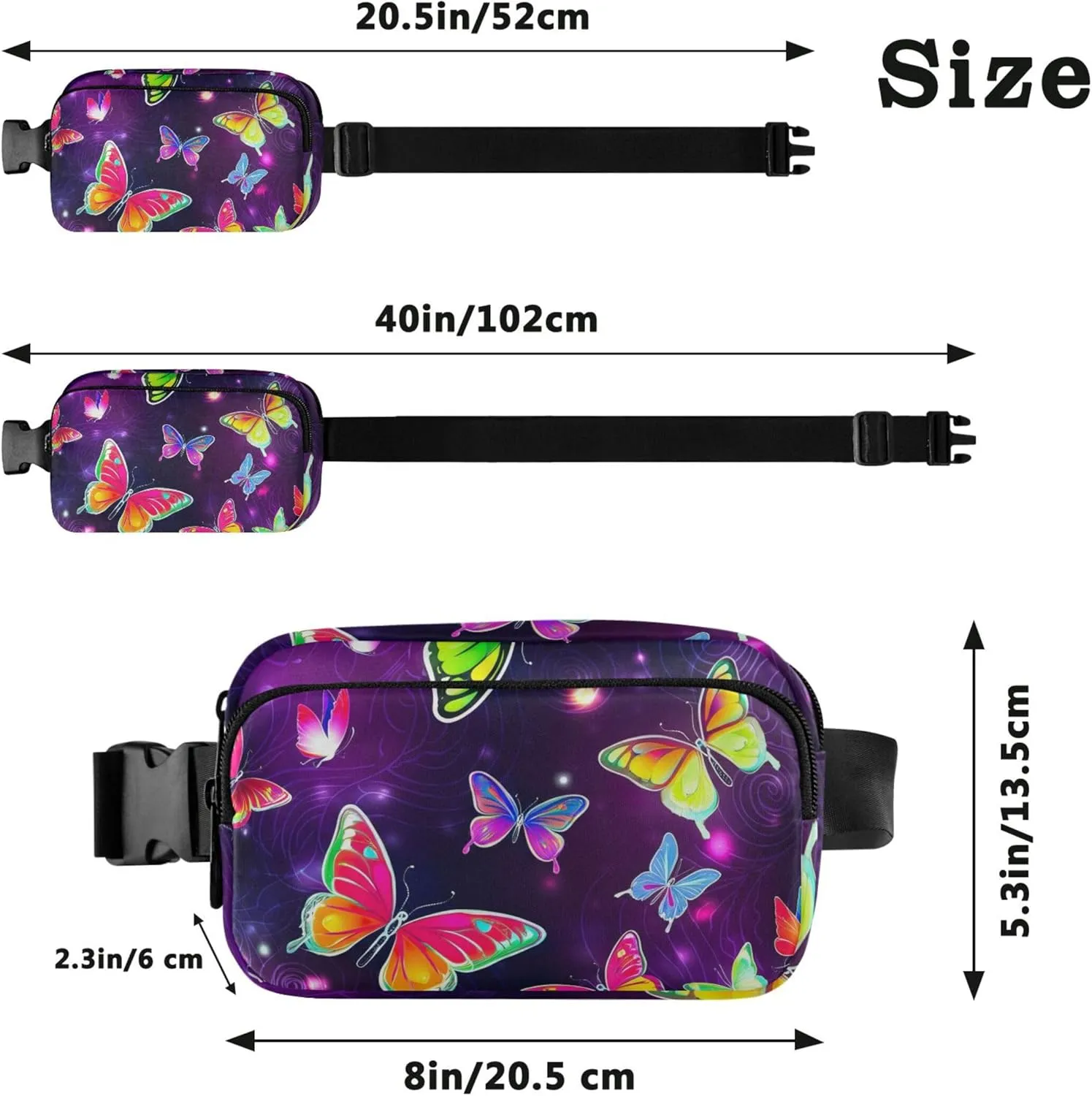 Colorful Butterflies Purple Fanny Pack for Women Waterproof Hip Bag Belt Pouch Cute Travel Waist Pouch