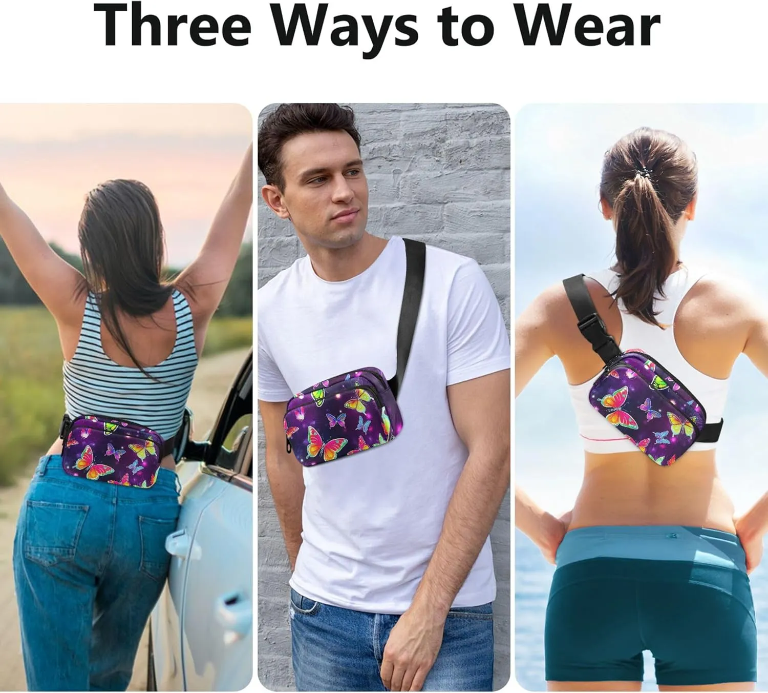 Colorful Butterflies Purple Fanny Pack for Women Waterproof Hip Bag Belt Pouch Cute Travel Waist Pouch