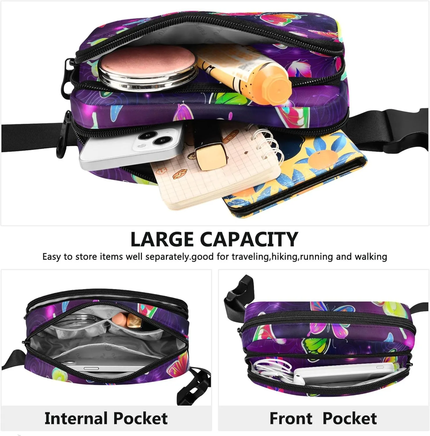 Colorful Butterflies Purple Fanny Pack for Women Waterproof Hip Bag Belt Pouch Cute Travel Waist Pouch