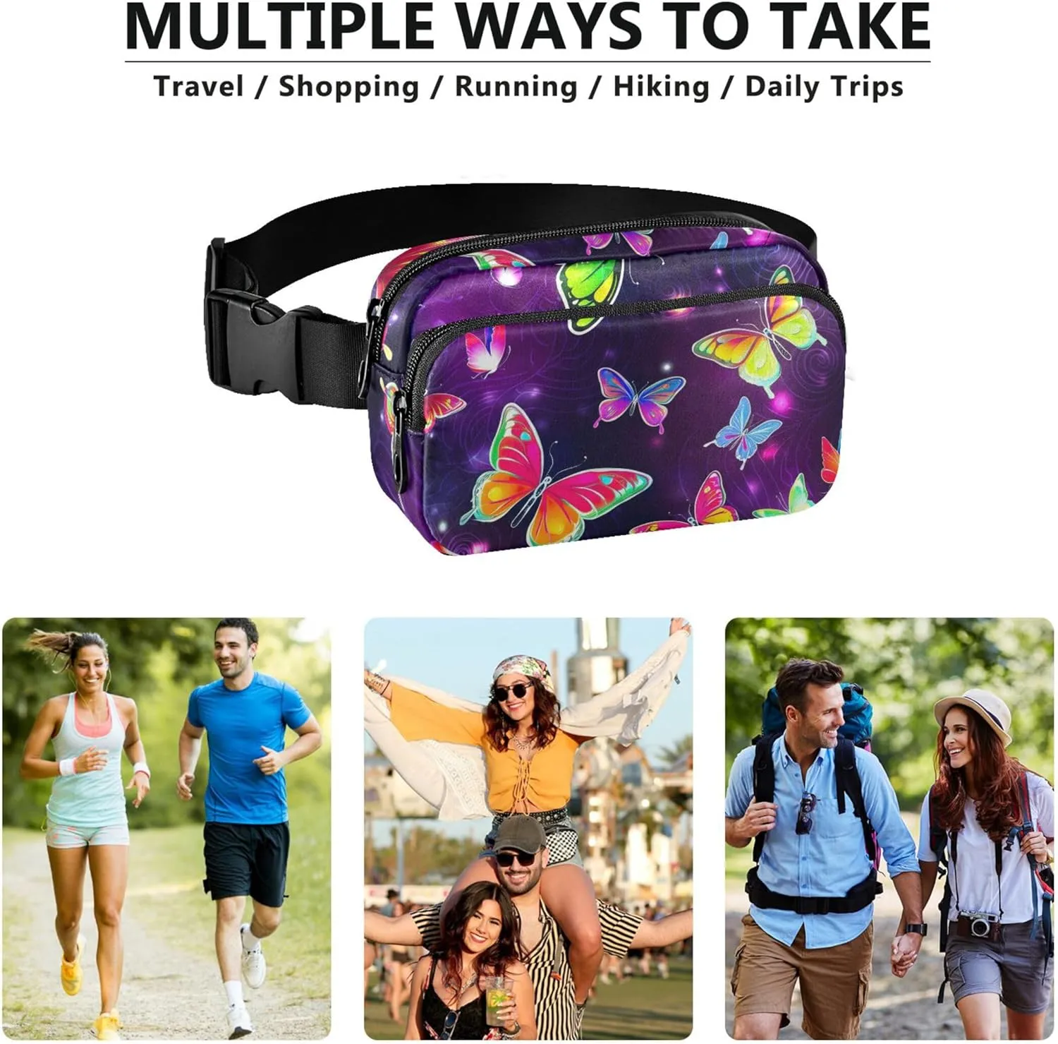 Colorful Butterflies Purple Fanny Pack for Women Waterproof Hip Bag Belt Pouch Cute Travel Waist Pouch