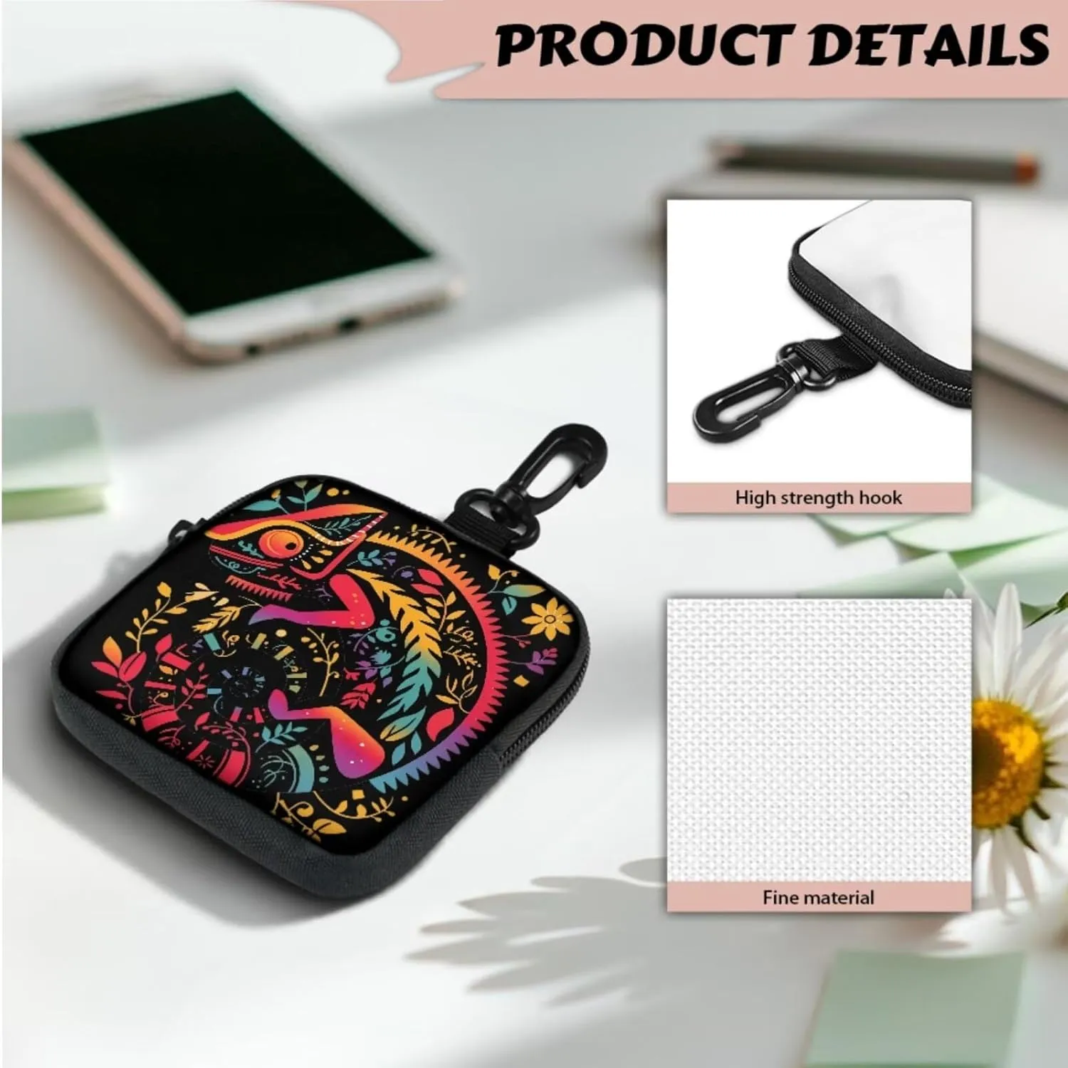 Colorful Chameleon Print Keychain Wristlet Wallets for Women Folk Animal Floral Zip Around Pouch, Forest Chameleon Printed Small Wallet with Zipper Pocket Lipstick Pouch