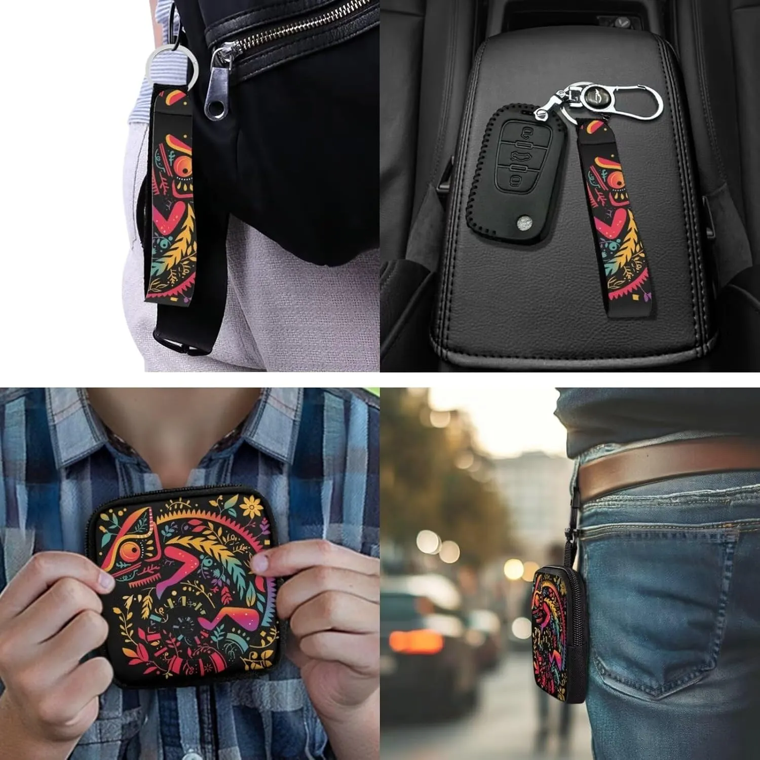 Colorful Chameleon Print Keychain Wristlet Wallets for Women Folk Animal Floral Zip Around Pouch, Forest Chameleon Printed Small Wallet with Zipper Pocket Lipstick Pouch