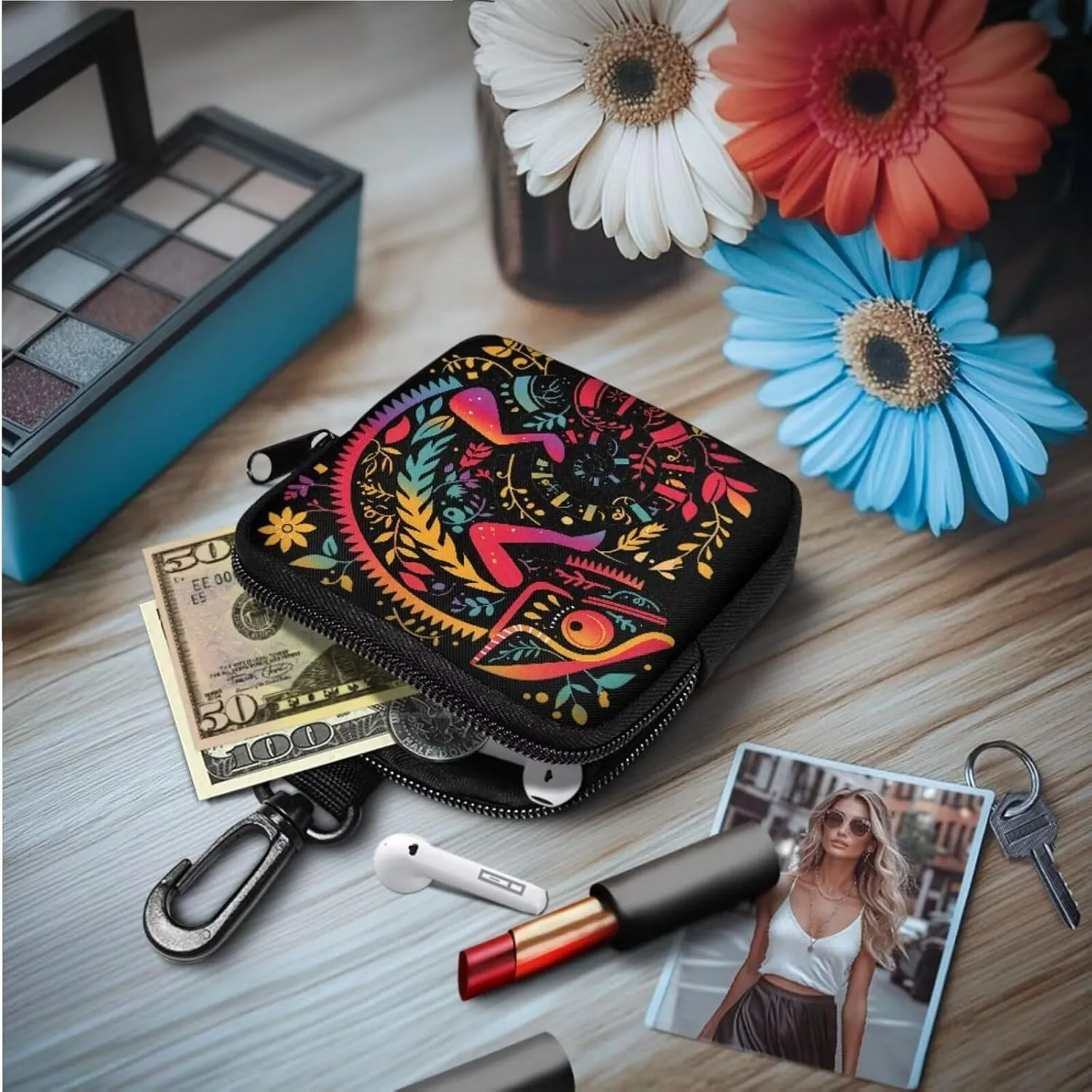 Colorful Chameleon Print Keychain Wristlet Wallets for Women Folk Animal Floral Zip Around Pouch, Forest Chameleon Printed Small Wallet with Zipper Pocket Lipstick Pouch