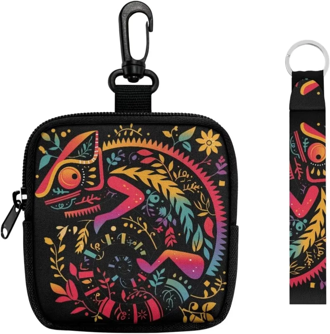 Colorful Chameleon Print Keychain Wristlet Wallets for Women Folk Animal Floral Zip Around Pouch, Forest Chameleon Printed Small Wallet with Zipper Pocket Lipstick Pouch