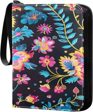 Colorful Floral Pattern Card Binder 4-Pocket, 400 Pockets Trading Cards Holder Games Card Albums Storage Organizer Case for Football, Baseball Cards