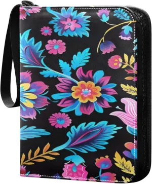 Colorful Floral Pattern Card Binder 4-Pocket, 400 Pockets Trading Cards Holder Games Card Albums Storage Organizer Case for Football, Baseball Cards