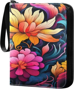 Colorful Floral Pattern Card Binder 4-Pocket, 400 Pockets Trading Cards Holder Games Card Albums Storage Organizer Case for Football, Baseball Cards