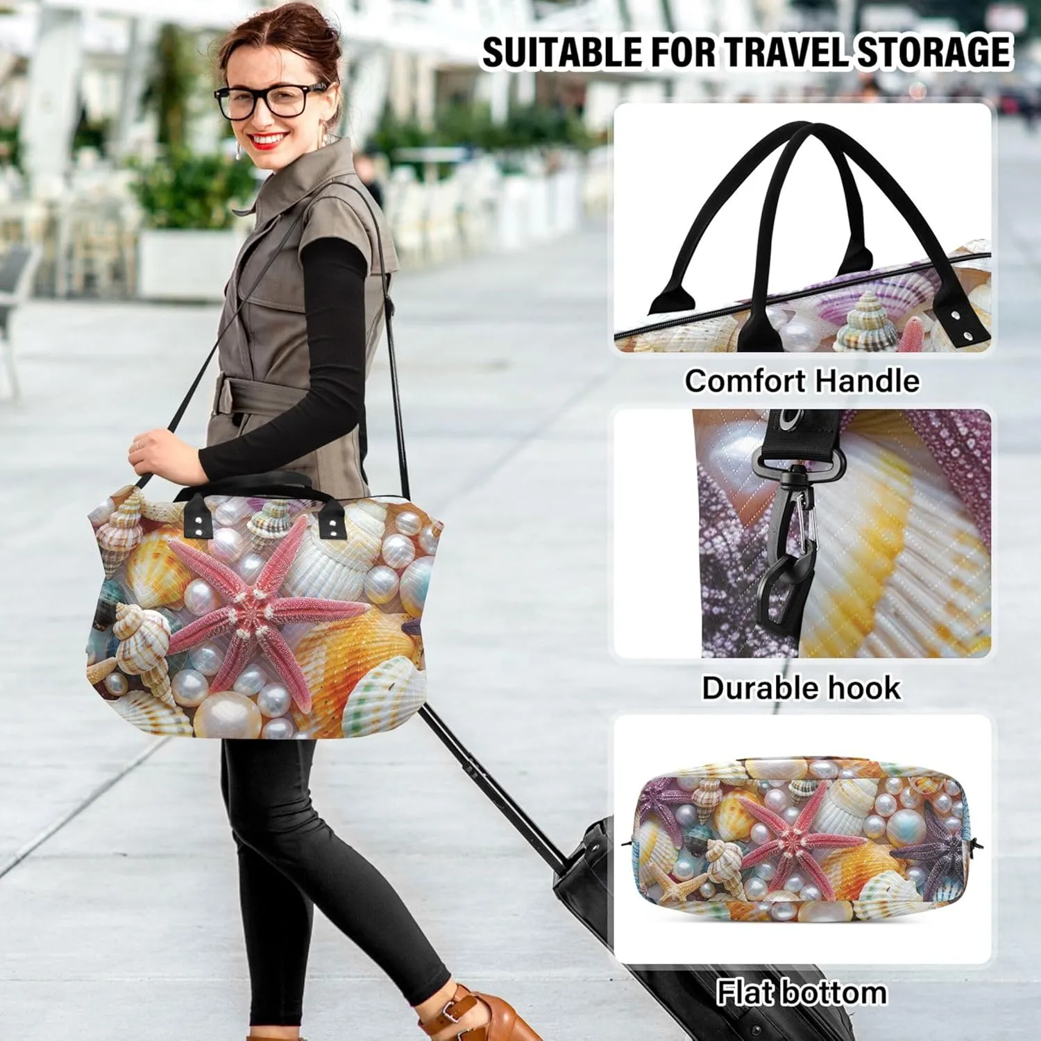 Colorful Starfish Seashells Duffle Bag Women Travel Toiletry Bags Set of 2, Cute Womens Sports Bags Duffle Carry on Bag