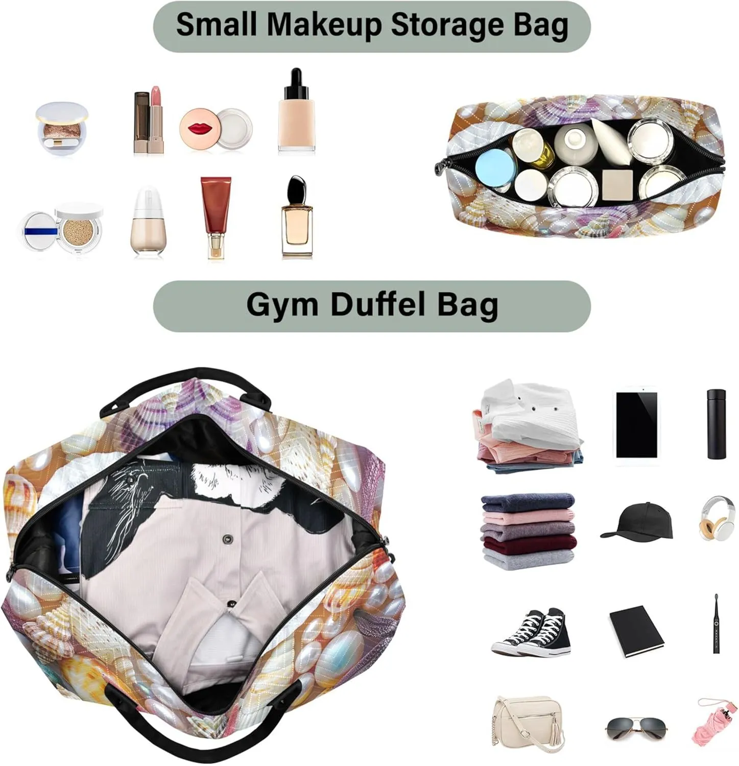 Colorful Starfish Seashells Duffle Bag Women Travel Toiletry Bags Set of 2, Cute Womens Sports Bags Duffle Carry on Bag
