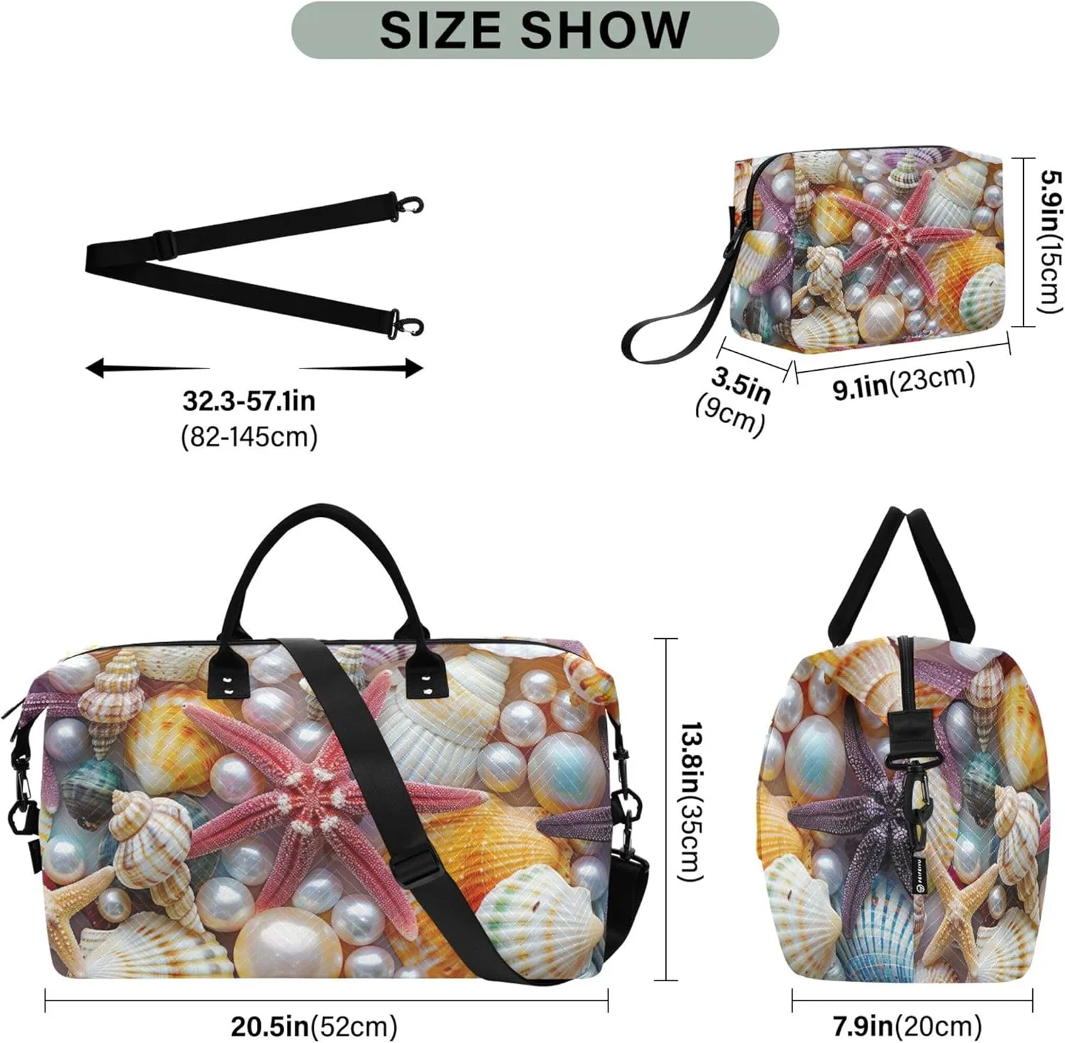 Colorful Starfish Seashells Duffle Bag Women Travel Toiletry Bags Set of 2, Cute Womens Sports Bags Duffle Carry on Bag
