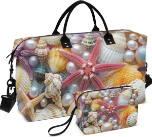 Colorful Starfish Seashells Duffle Bag Women Travel Toiletry Bags Set of 2, Cute Womens Sports Bags Duffle Carry on Bag