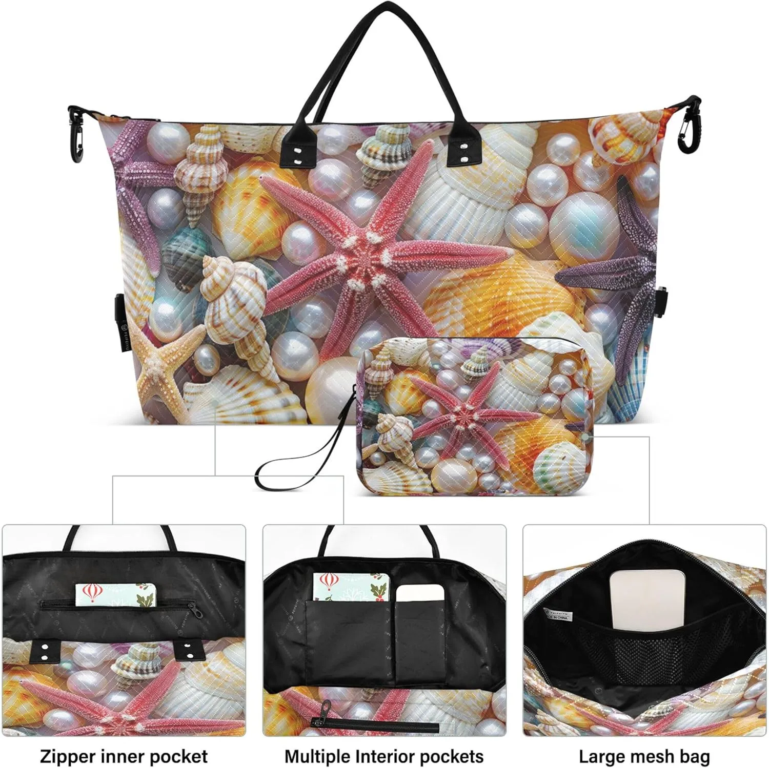 Colorful Starfish Seashells Duffle Bag Women Travel Toiletry Bags Set of 2, Cute Womens Sports Bags Duffle Carry on Bag