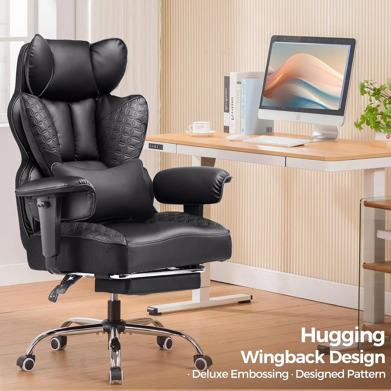 COMHOMA Big and Tall Office Chair 400LBS Wide Ergonomic Gaming Chair with Deluxe Embossing Designed Leather with Foot Rest,150°Reclining Adjustable Armrests Pocket Spring Back Support and Pillow