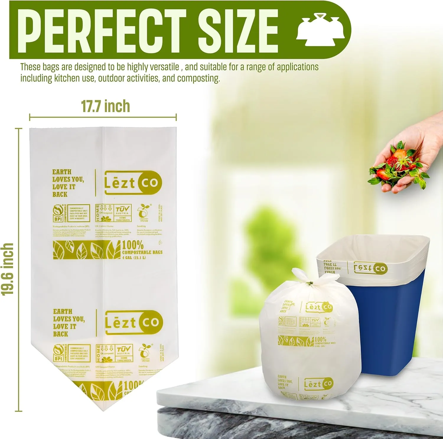 Compostable Garbage Bags | 4 Gallons, 100 Count, 19.6" x 17.7" | Waste Disposal bags for Kitchen | Plant-Based Starsealed Bags | Indoor & Outdoor | Food Scrap Waste Bags
