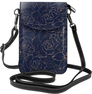 Copper-Gold Gloss Outline Navy Dark Blue Print Small Crossbody Bags for Women Leather Cell Phone Purses Mini Leather Shoulder Handbag Adjustable Strap